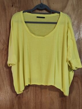 Anthro Velvet By Graham&Spencer Boxy Cropped Tee Lemon Yellow Cotton USA Sheer M